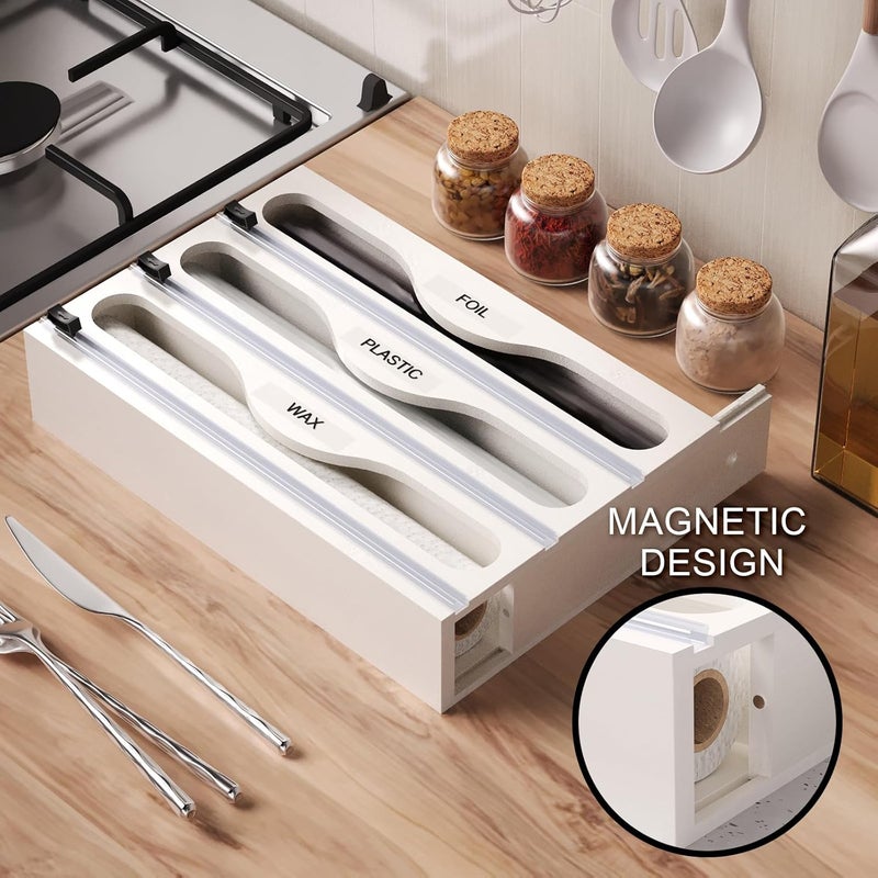Danfoxer Wrap Dispenser with Cutter and Labels, Plastic Wrap Organizer For Kitchen,Bamboo 3-in-1 Wrap Dispensers for Cling Wrap Aluminum Foil and Wax,Storage Organization Holder（White） - Image 2